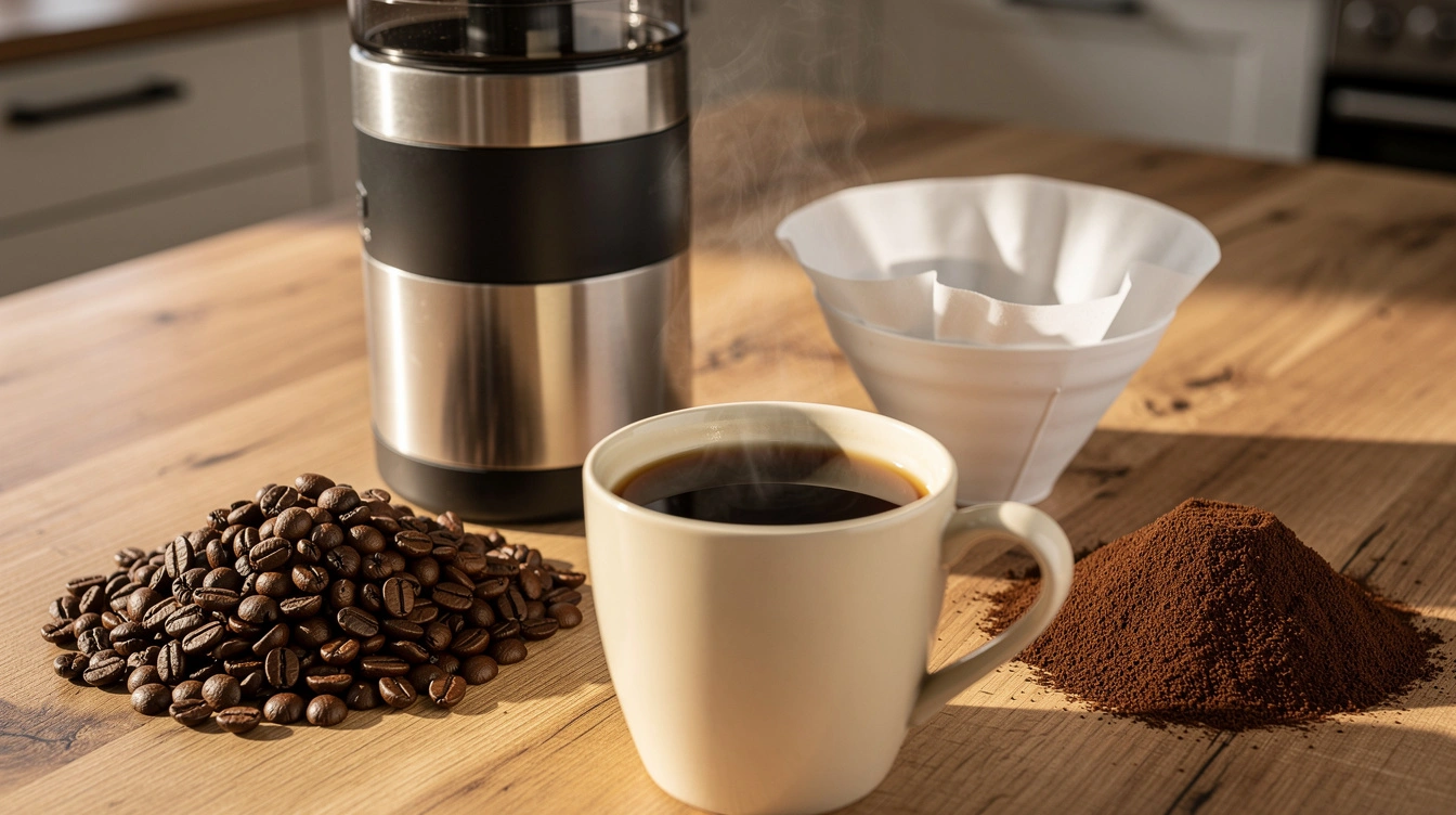 Whole roasted coffee beans and a grinder beside fresh ground coffee and a mug on a wooden counter.